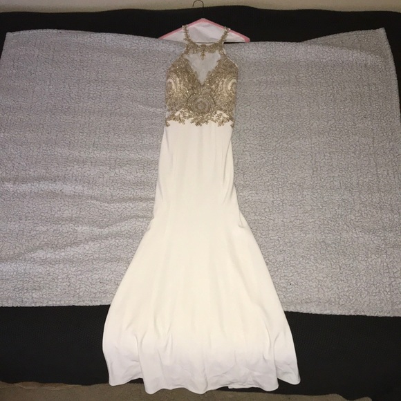 david's bridal white and gold prom dress